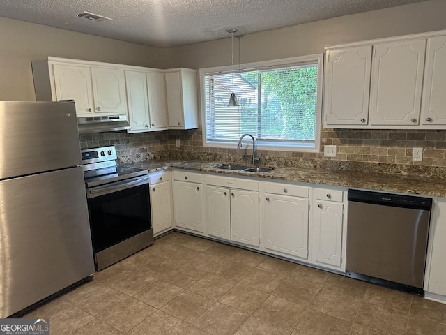 1685 Pheasant Dr, Jonesboro, GA 30238 - kitchen featuring under cabinet range hood, stainless steel appliances, white cabinets, and a sink