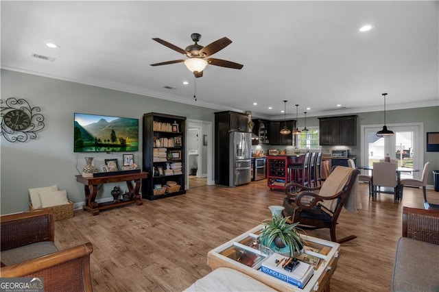 3224 Ware St, Blackshear, GA 31516 - living area featuring a ceiling fan, visible vents, ornamental molding, and recessed lighting