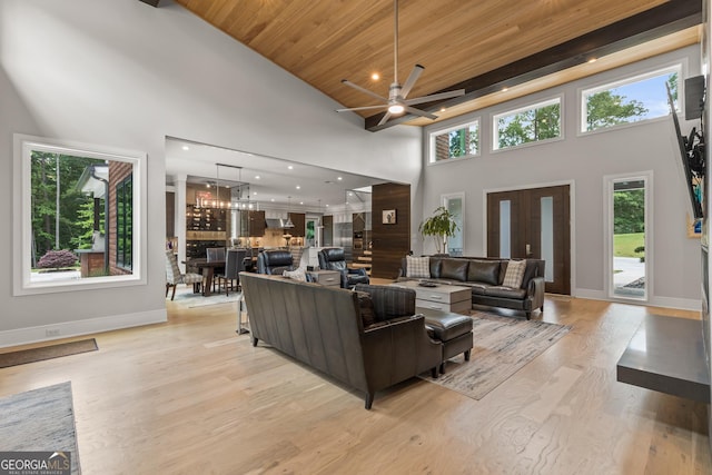 living area featuring a high ceiling, ceiling fan, light wood finished floors, baseboards, and wood ceiling