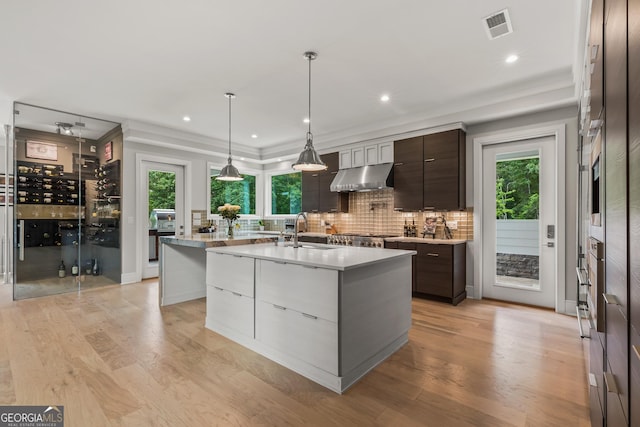 kitchen with visible vents, modern cabinets, an island with sink, under cabinet range hood, and a sink