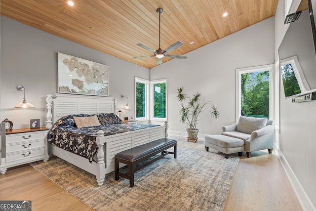 bedroom with recessed lighting, wood ceiling, baseboards, and wood finished floors