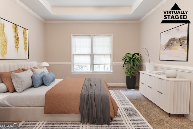 6416 Vicksburg Ct NW, Acworth, GA 30101 - bedroom with a tray ceiling, light colored carpet, and ornamental molding