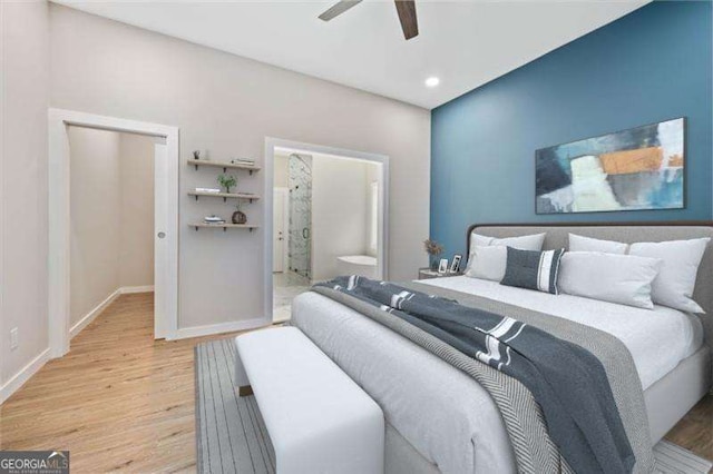 962 Welch St SW, Atlanta, GA 30310 - bedroom featuring ceiling fan, wood finished floors, baseboards, connected bathroom, and recessed lighting
