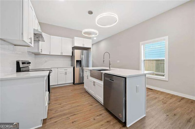 962 Welch St SW, Atlanta, GA 30310 - kitchen with under cabinet range hood, stainless steel appliances, a sink, and light wood-style flooring