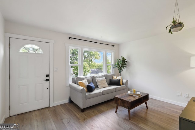 living area featuring baseboards and wood finished floors