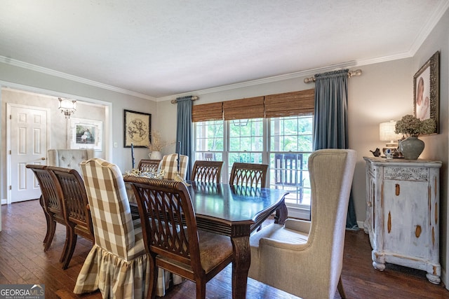 dining space with ornamental molding and dark wood-type flooring