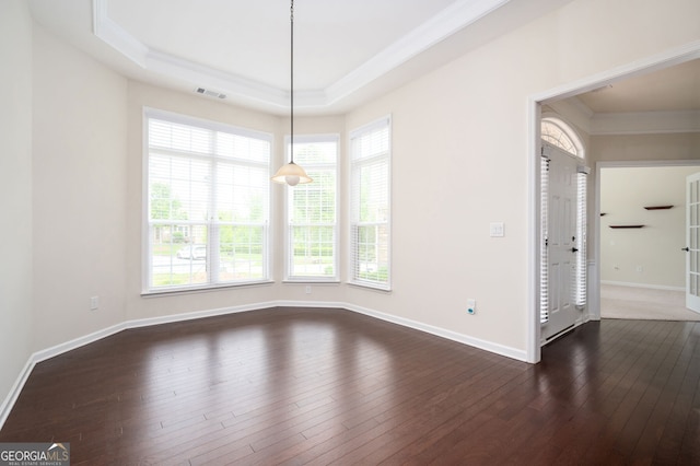 6732 Chimney Ridge Ct, Hoschton, GA 30548 - spare room featuring ornamental molding, plenty of natural light, dark wood-type flooring, and a tray ceiling