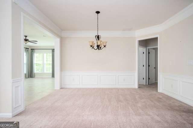 6732 Chimney Ridge Ct, Hoschton, GA 30548 - carpeted empty room featuring a chandelier, ornamental molding, a wainscoted wall, tile patterned flooring, and a decorative wall