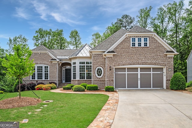6732 Chimney Ridge Ct, Hoschton, GA 30548 - view of front of house featuring brick siding, driveway, a front lawn, and a shingled roof