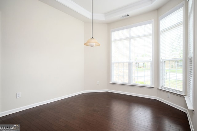 6732 Chimney Ridge Ct, Hoschton, GA 30548 - unfurnished dining area with ornamental molding, dark wood-style flooring, and a tray ceiling