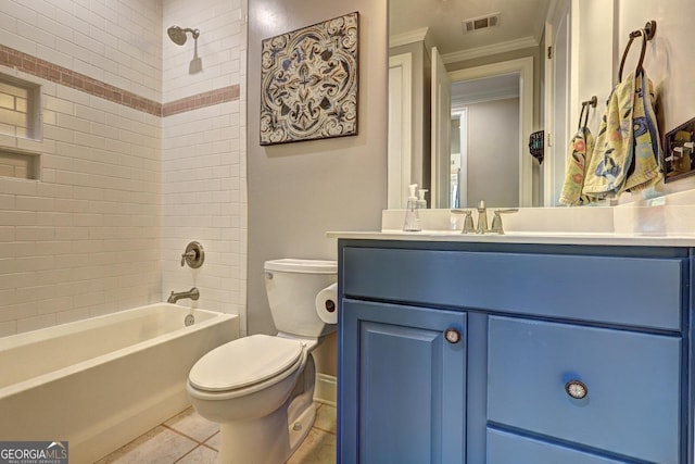 full bathroom featuring shower / bathing tub combination, visible vents, crown molding, vanity, and toilet