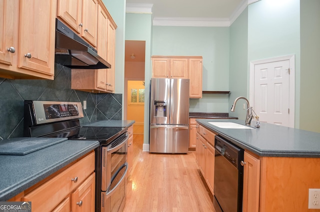 kitchen featuring light brown cabinetry, dark countertops, under cabinet range hood, a sink, and stainless steel appliances