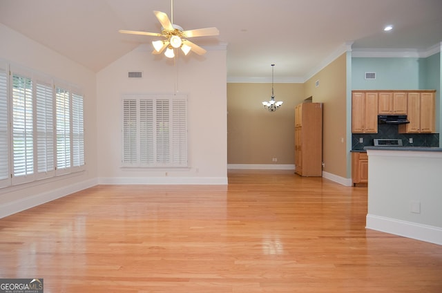 unfurnished living room with visible vents, light wood finished floors, ceiling fan with notable chandelier, and baseboards
