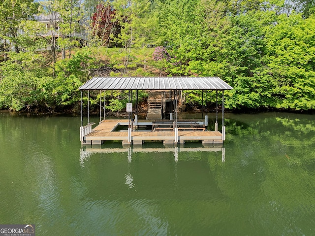 dock area with boat lift and a water view
