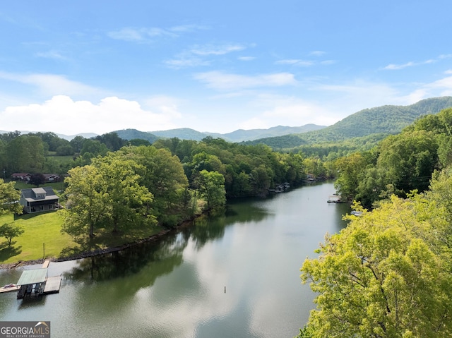 view of water feature featuring a boat dock, a mountain view, and a wooded view