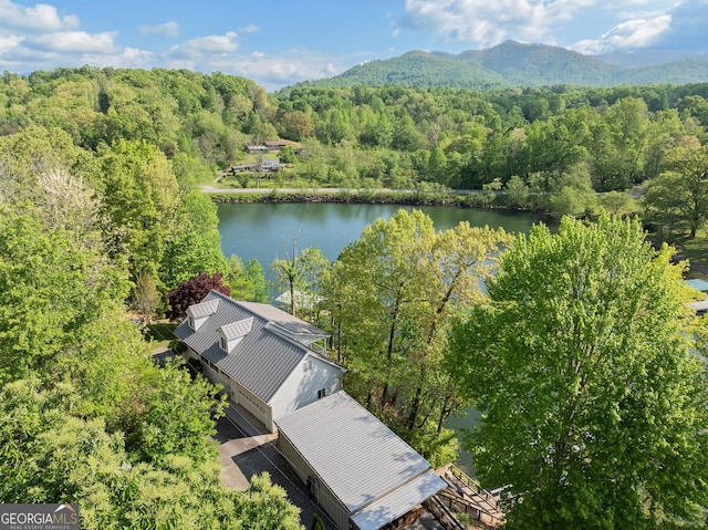 birds eye view of property featuring a water and mountain view and a wooded view