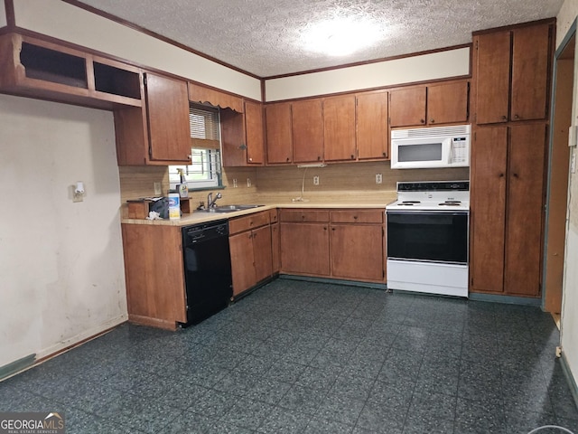 1517 Colony E Cir, Stone Mountain, GA 30083 - kitchen with white appliances, brown cabinets, decorative backsplash, and a sink