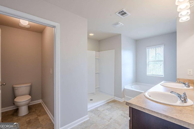 bathroom featuring toilet, walk in shower, a sink, and a bath