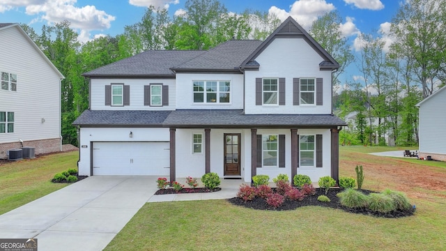 view of front of home with a porch, driveway, a garage, a front lawn, and a shingled roof