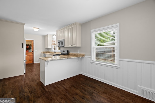 1154 Rome St, Carrollton, GA 30117 - kitchen featuring stainless steel appliances, dark wood finished floors, light stone countertops, a peninsula, and a wainscoted wall