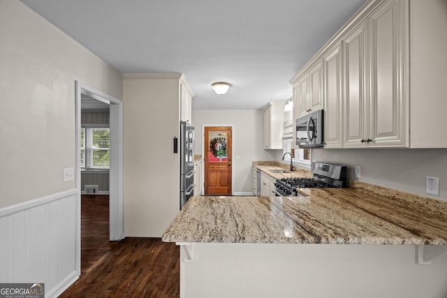 1154 Rome St, Carrollton, GA 30117 - kitchen with stainless steel appliances, dark wood-style floors, light stone countertops, a peninsula, and a wainscoted wall