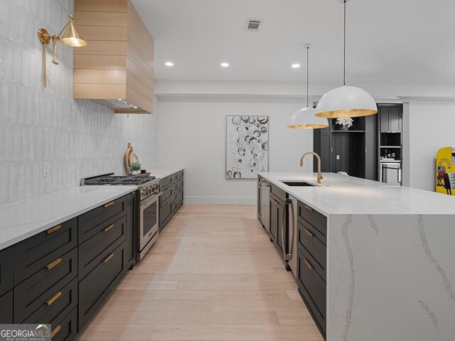 650 Jones Rd, Roswell, GA 30075 - kitchen featuring visible vents, premium range hood, a sink, light wood-style flooring, and high end stainless steel range oven