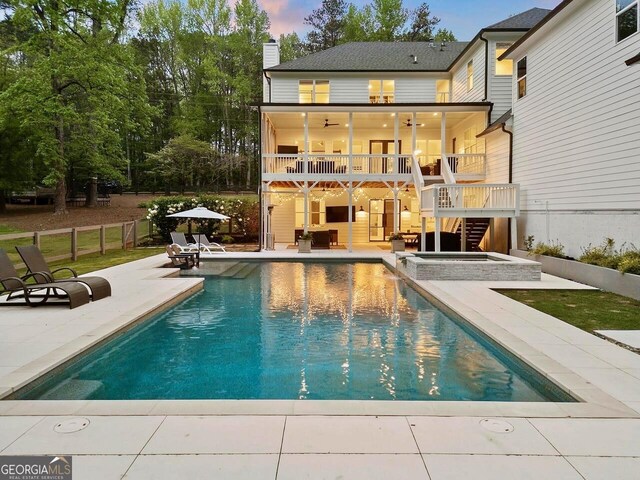 650 Jones Rd, Roswell, GA 30075 - back of house with fence, stairs, ceiling fan, a chimney, and a patio area