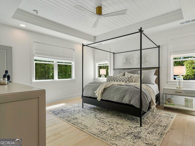 650 Jones Rd, Roswell, GA 30075 - bedroom featuring wood ceiling, visible vents, wood finished floors, a raised ceiling, and recessed lighting