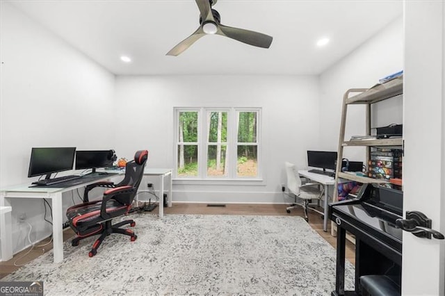 office with a ceiling fan, baseboards, recessed lighting, and wood finished floors