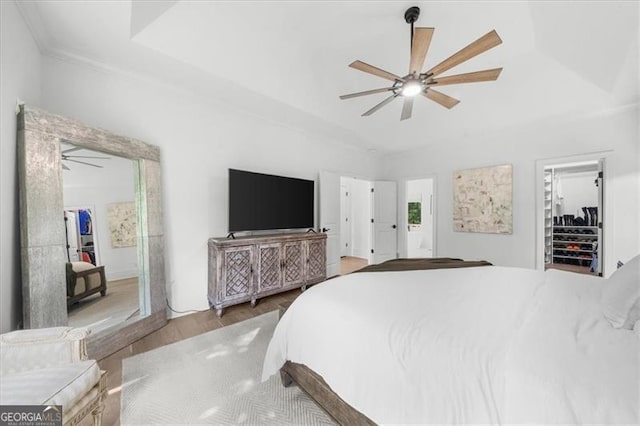 bedroom with a raised ceiling, ceiling fan, and wood finished floors