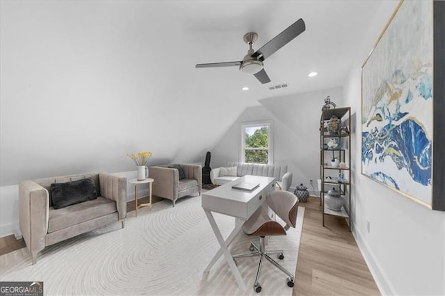 office area with ceiling fan, recessed lighting, baseboards, light wood-type flooring, and visible vents