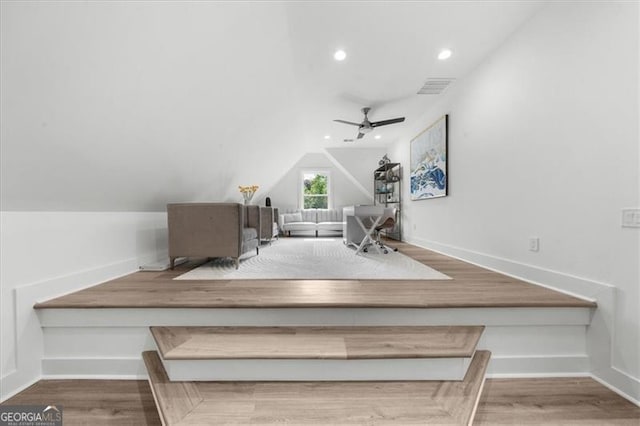 bonus room featuring recessed lighting, a ceiling fan, baseboards, vaulted ceiling, and visible vents