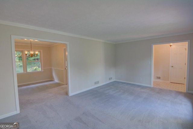 unfurnished room featuring crown molding, a chandelier, and carpet