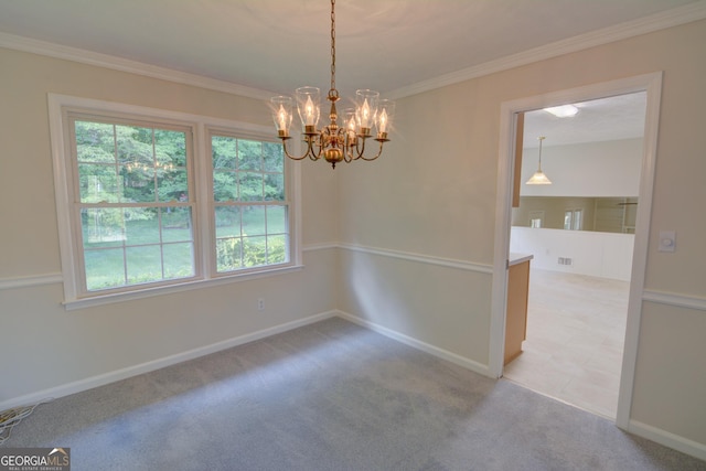 empty room with a healthy amount of sunlight, light carpet, and a notable chandelier