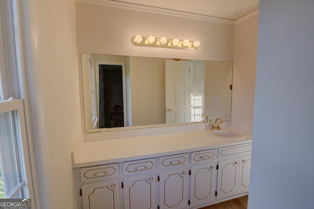 bathroom with crown molding, plenty of natural light, and vanity