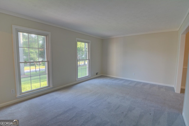 carpeted empty room featuring baseboards and ornamental molding