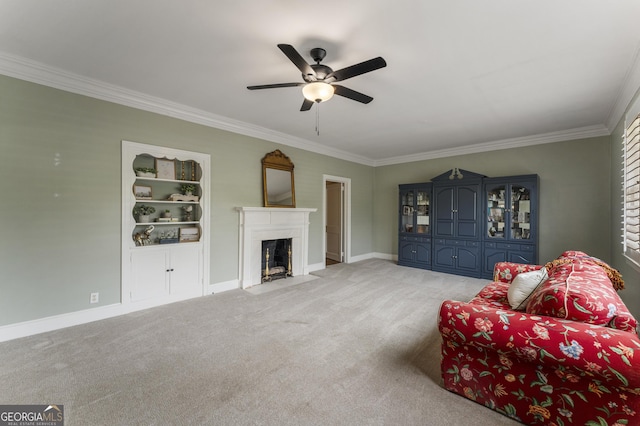 603 Piney Woods Dr, Lagrange, GA 30240 - living area with a ceiling fan, a fireplace with flush hearth, light colored carpet, and ornamental molding