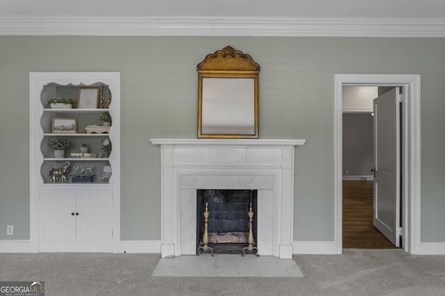 603 Piney Woods Dr, Lagrange, GA 30240 - unfurnished living room with crown molding, a premium fireplace, baseboards, and carpet floors