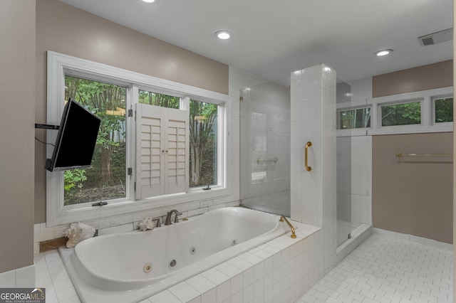 603 Piney Woods Dr, Lagrange, GA 30240 - bathroom featuring a whirlpool tub, recessed lighting, visible vents, and a shower stall