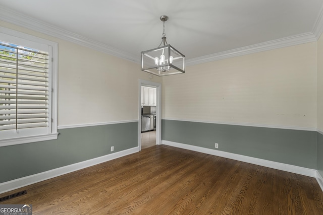 603 Piney Woods Dr, Lagrange, GA 30240 - unfurnished dining area featuring ornamental molding, a notable chandelier, wood finished floors, and visible vents