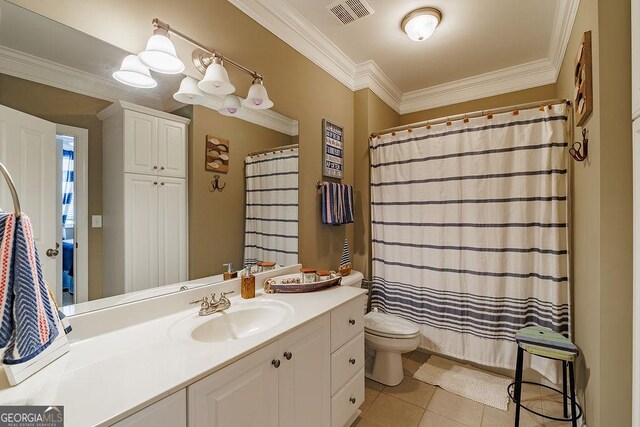 full bath with crown molding, tile patterned flooring, vanity, toilet, and visible vents