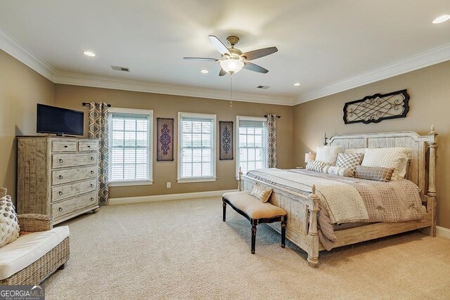 bedroom featuring light colored carpet, crown molding, visible vents, baseboards, and recessed lighting