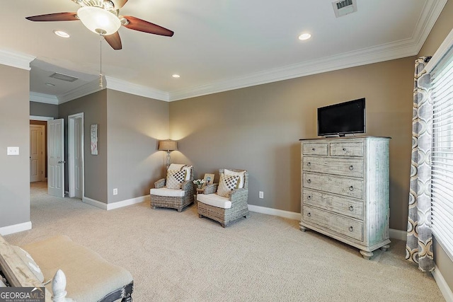 living area with light colored carpet, a ceiling fan, and visible vents