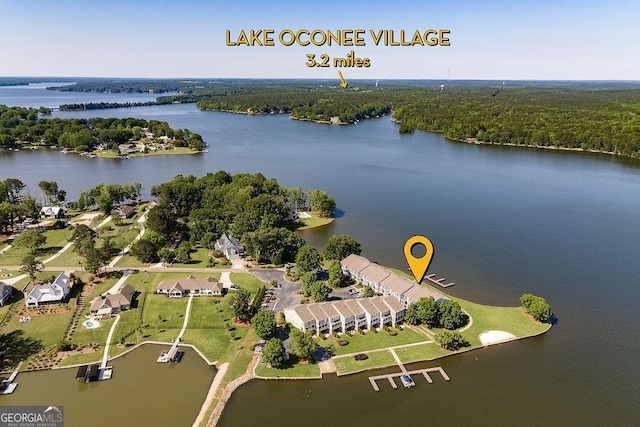 drone / aerial view featuring a water view and a forest view