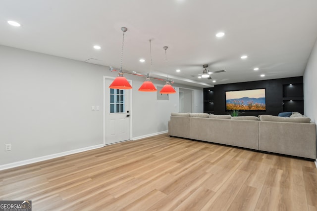 110 Keswick Way, Alpharetta, GA 30022 - unfurnished living room featuring baseboards, recessed lighting, ceiling fan, and light wood-style flooring