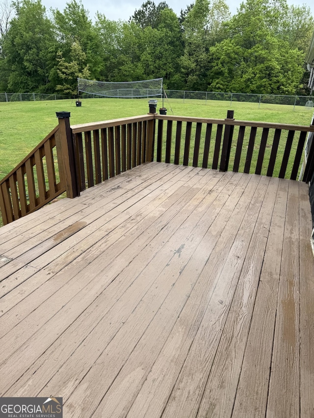wooden terrace with a fenced backyard and a yard