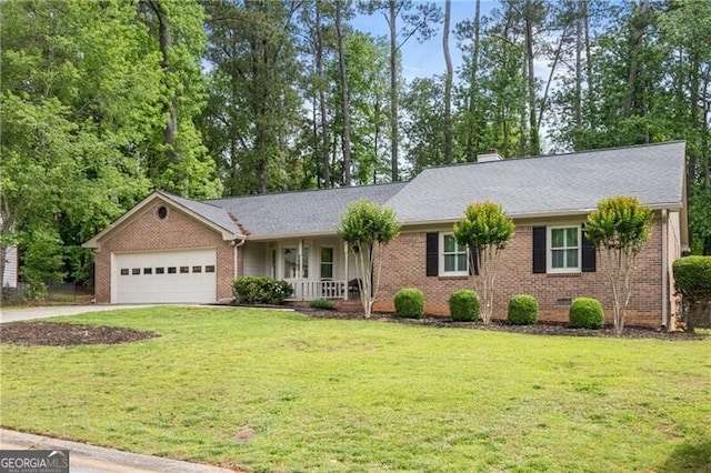 ranch-style house with an attached garage, brick siding, a porch, a front yard, and concrete driveway