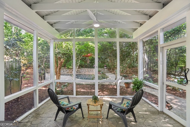 1410 Lively Ridge Rd, Atlanta, GA 30329 - sunroom featuring a ceiling fan and beamed ceiling