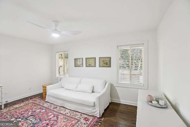 1410 Lively Ridge Rd, Atlanta, GA 30329 - living room featuring dark wood-style flooring, ceiling fan, and baseboards