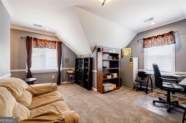 3389 Robinson Farms Trce NE, Marietta, GA 30068 - carpeted office with healthy amount of natural light, lofted ceiling, baseboards, and recessed lighting